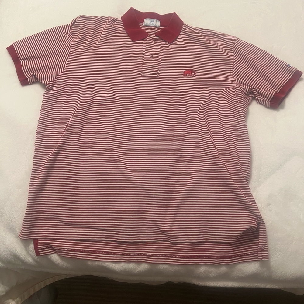 SOLD - Southern Tide Men’s L red Striped Alabama elephant Logo Polo